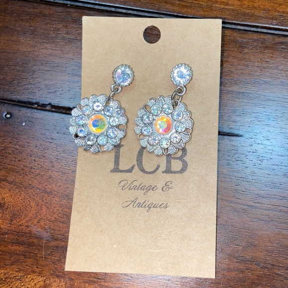 Silver Crystal Flower Cluster Drop Earrings - Picture 3 of 4